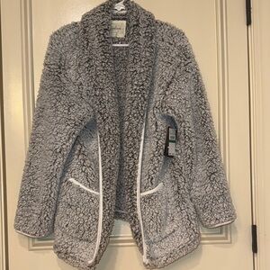 NWT CUDDLE DUDS BRAND CARDIGAN SWEATER GREY W WHITE PIPING SIZE LARGE